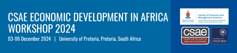 csae economic development in africa workshop graphic with blue background, University of Pretoria and CSAE logos