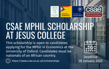 Graphic for CSAE MPhil Scholarship at Jesus College with image of Manor Road Building in Oxford